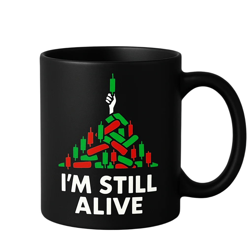 Black trader mug with candlestick pile and survivor hand – I’m Still Alive
